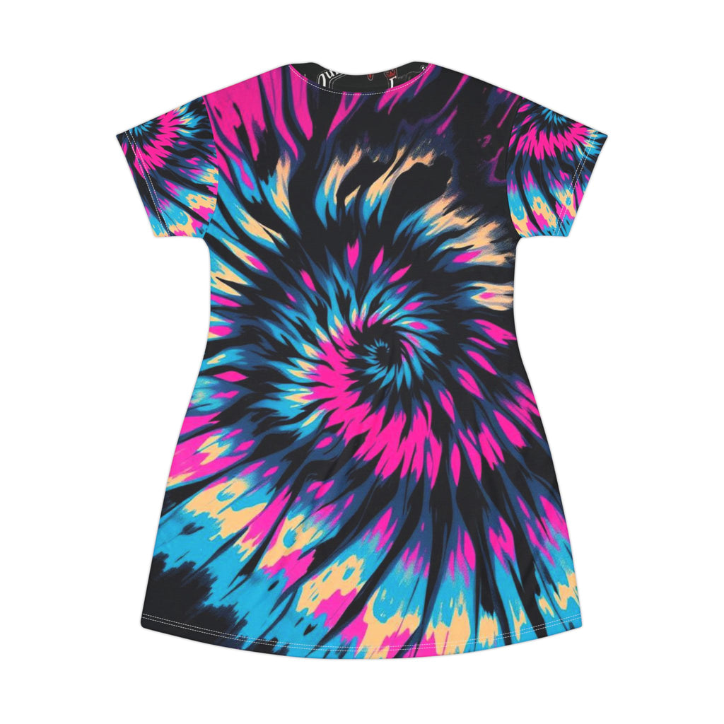 Tie-Dye Spiral T-Shirt Dress — Vibrant Pink & Blue All-Over Print
