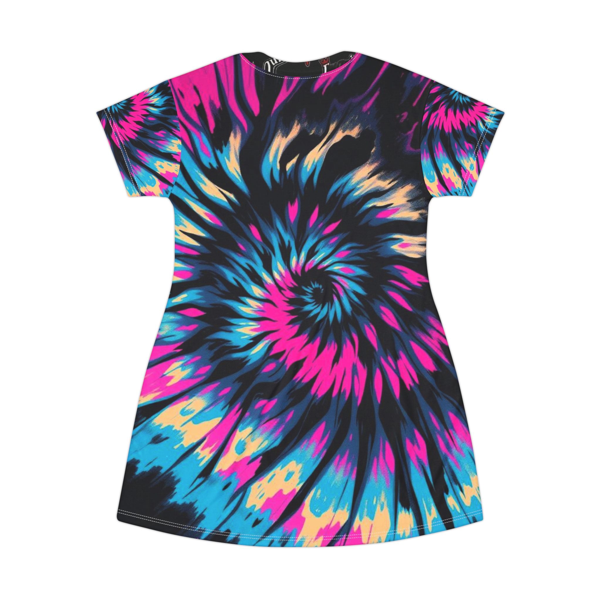 Tie-Dye Spiral T-Shirt Dress — Vibrant Pink & Blue All-Over Print