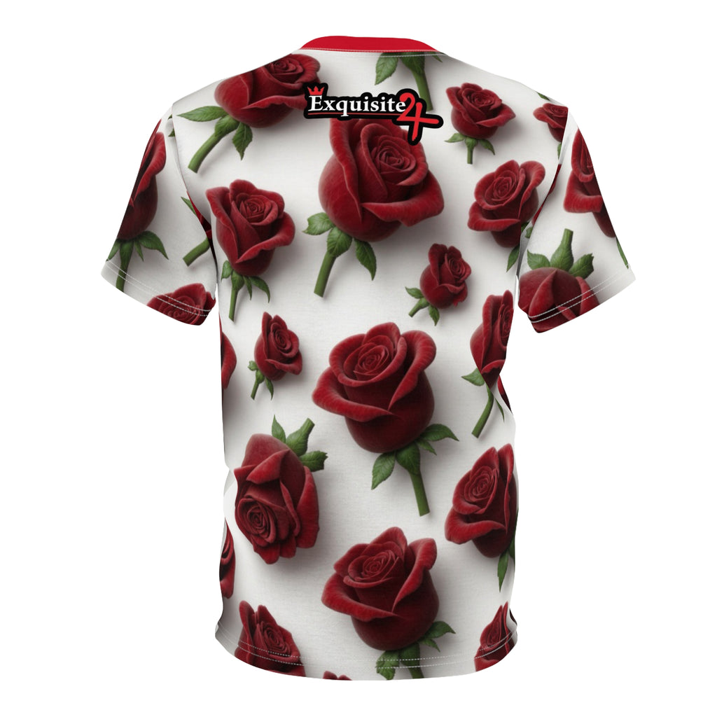 Red Rose All-Over Print Tee — Romantic Floral Pattern White T-Shirt
