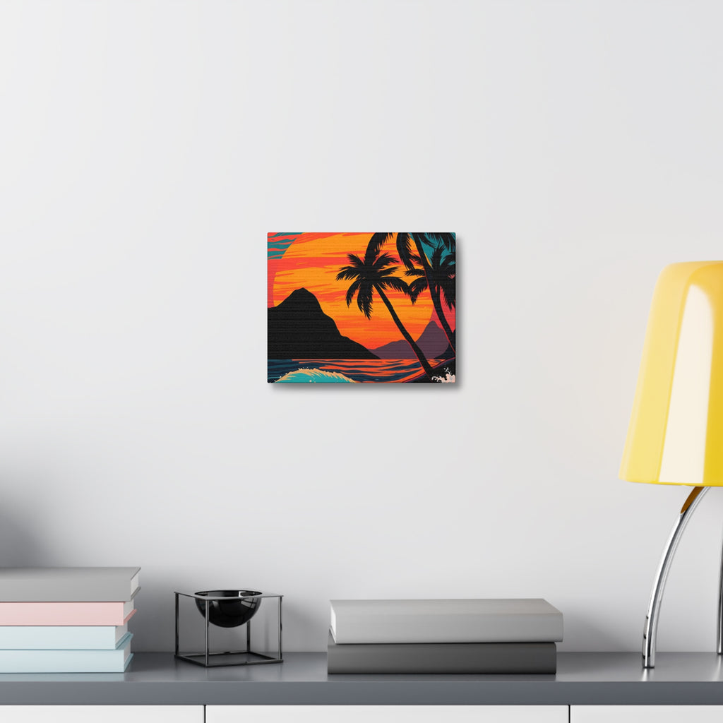 Tropical Sunset Canvas Wall Art — Palm Trees and Ocean Waves Stretched Canvas