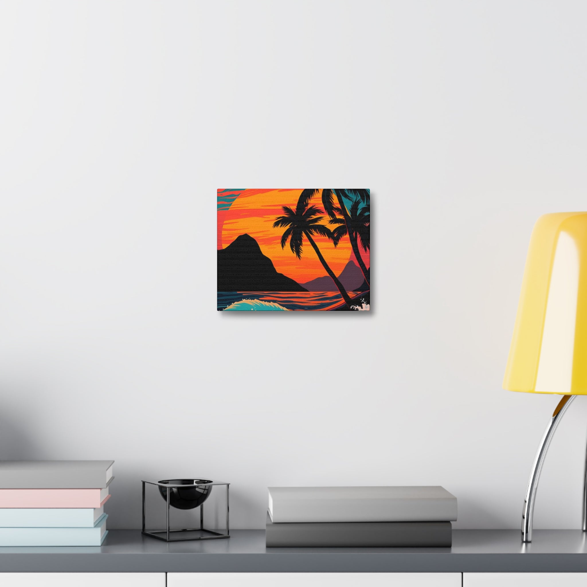 Tropical Sunset Canvas Wall Art — Palm Trees and Ocean Waves Stretched Canvas