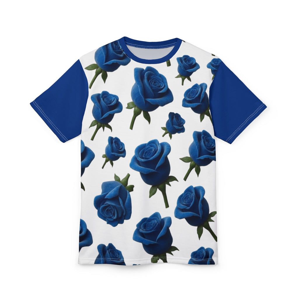 Blue Rose All-Over Print Tee — Floral Pattern White T‑Shirt