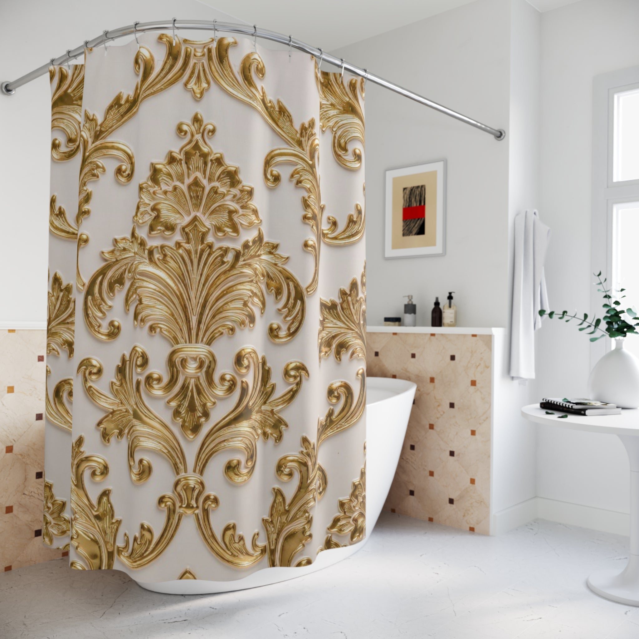 Ornate Gold Damask Shower Curtain – Vintage Baroque Bathroom Decor