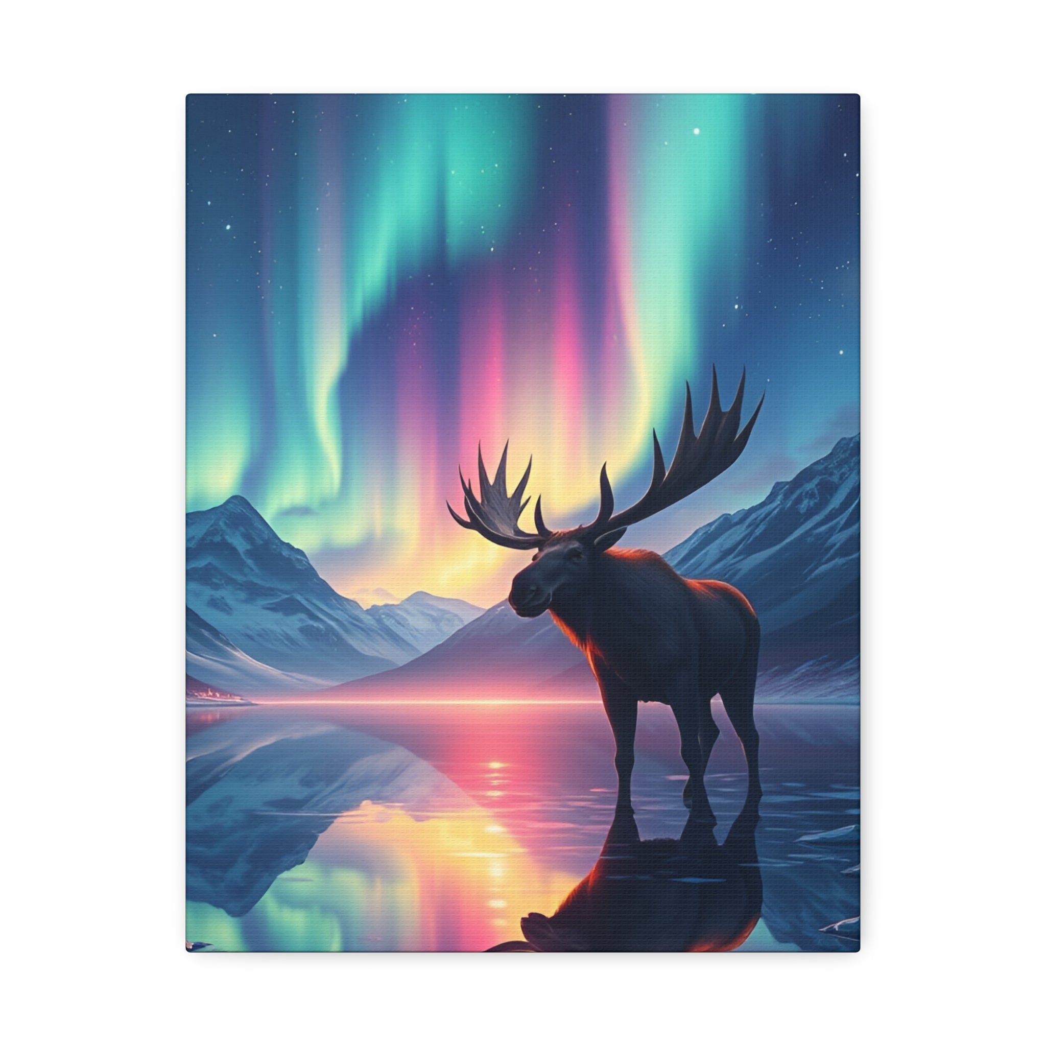 Aurora Moose Stretched Canvas – Northern Lights Landscape Wall Art