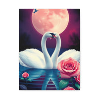 Swan Moon Stretched Canvas – Romantic Rose Lake Wall Art