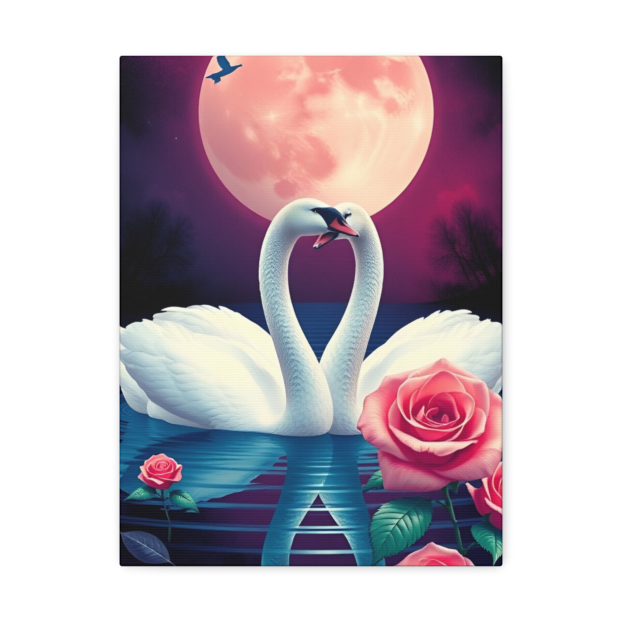 Swan Moon Stretched Canvas – Romantic Rose Lake Wall Art