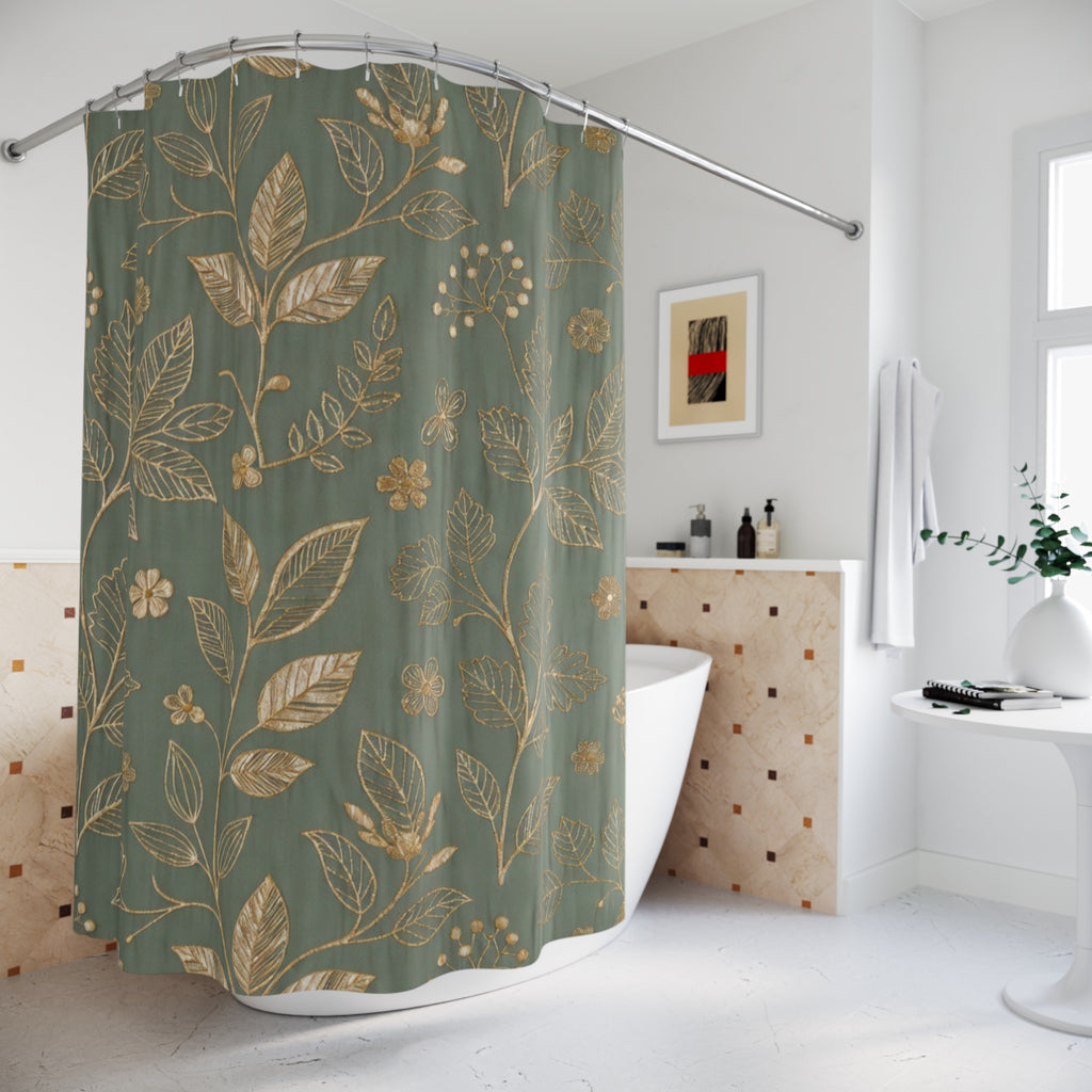 Botanical Gold Leaves Shower Curtain — Teal Green Floral Bathroom Decor