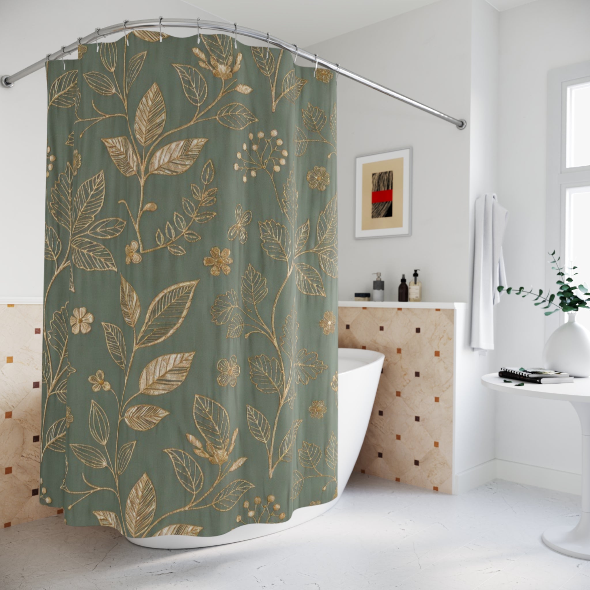 Botanical Gold Leaves Shower Curtain — Teal Green Floral Bathroom Decor