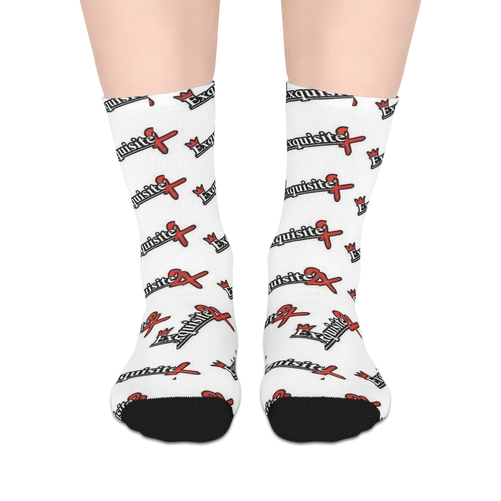 Exquisite 24 WhiteLogo Mid-Length Socks — Branded Streetwear Crew Socks