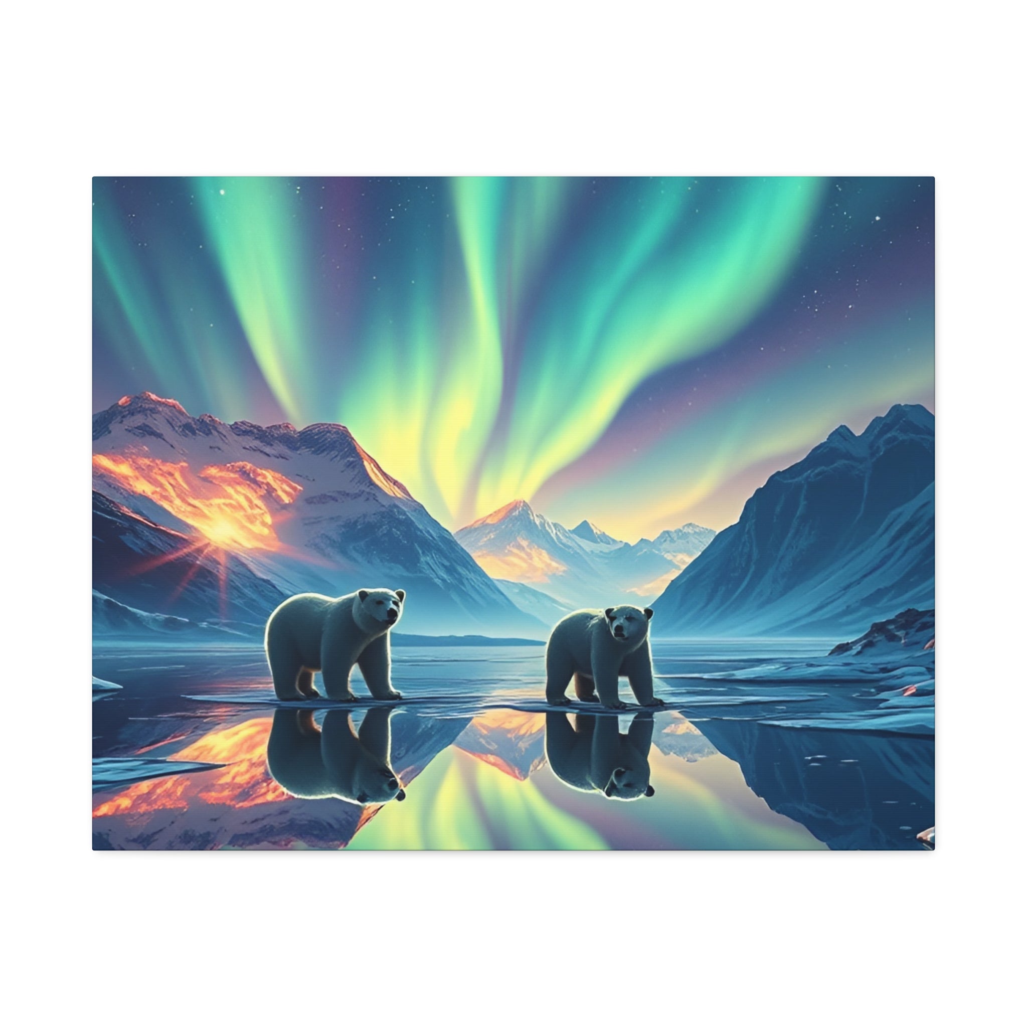 Aurora Polar Bears Stretched Canvas - Northern Lights Wildlife Wall Art