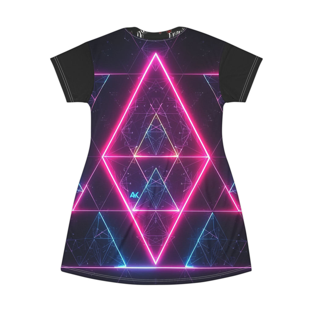 Neon Retro Portrait T-Shirt Dress — 80s Vaporwave Geometric Print