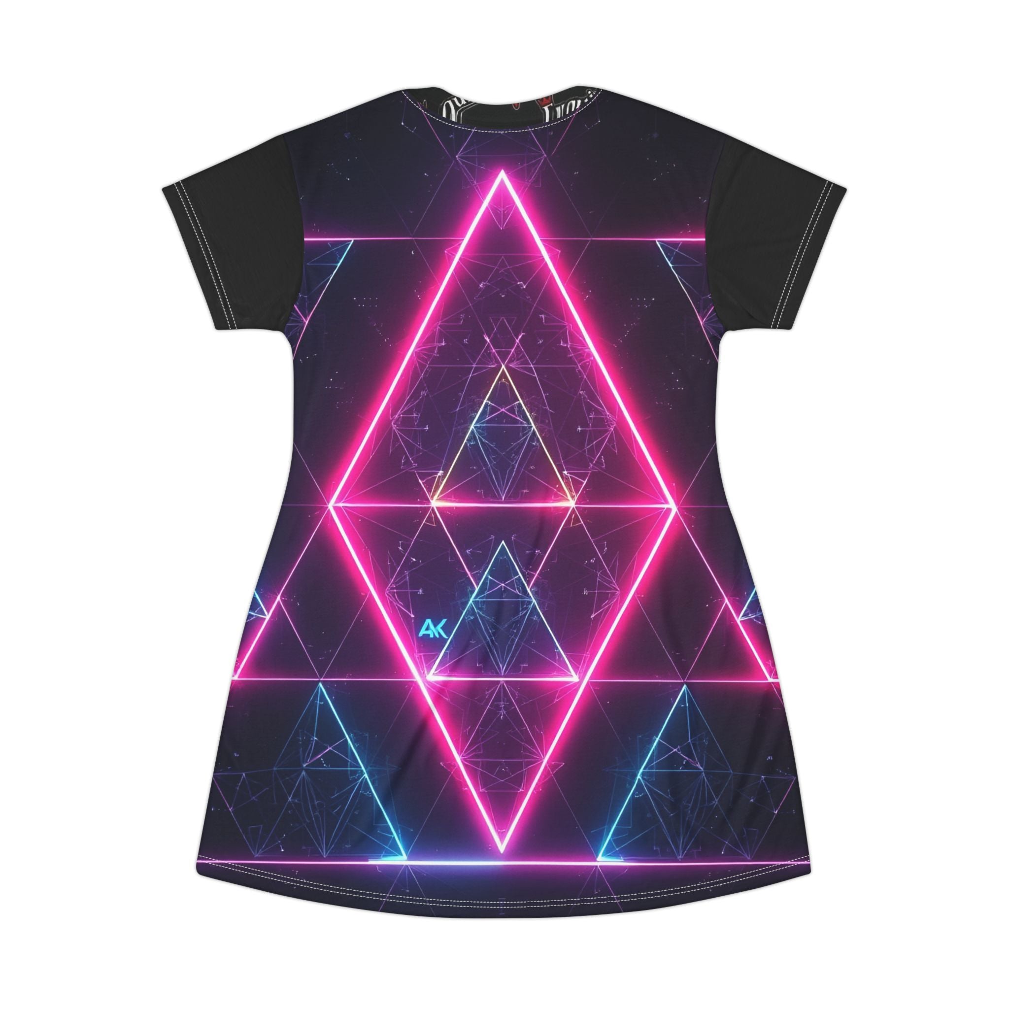 Neon Retro Portrait T-Shirt Dress — 80s Vaporwave Geometric Print