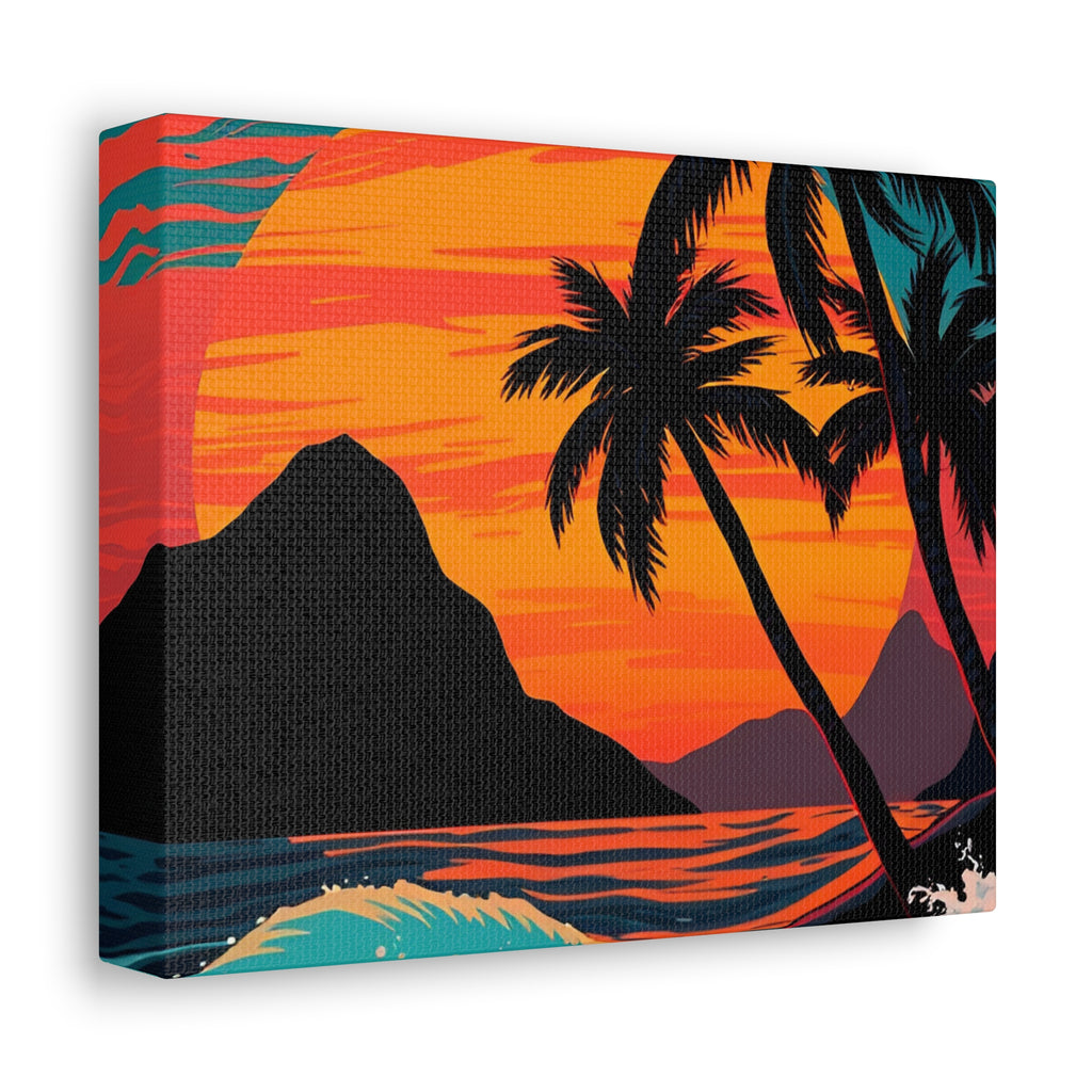 Tropical Sunset Canvas Wall Art — Palm Trees and Ocean Waves Stretched Canvas