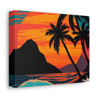 Tropical Sunset Canvas Wall Art — Palm Trees and Ocean Waves Stretched Canvas