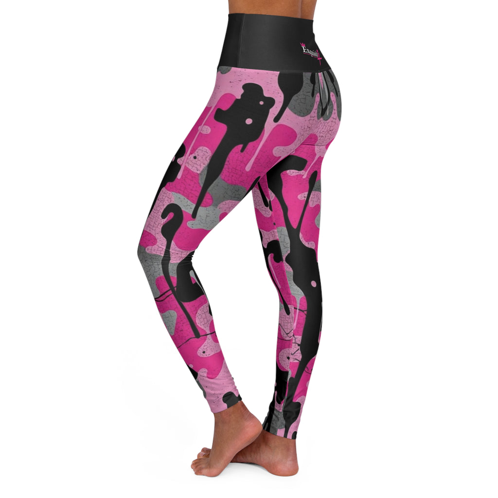 Pink Camo High-Waist Yoga Leggings — Women's Activewear with Drip Graphic