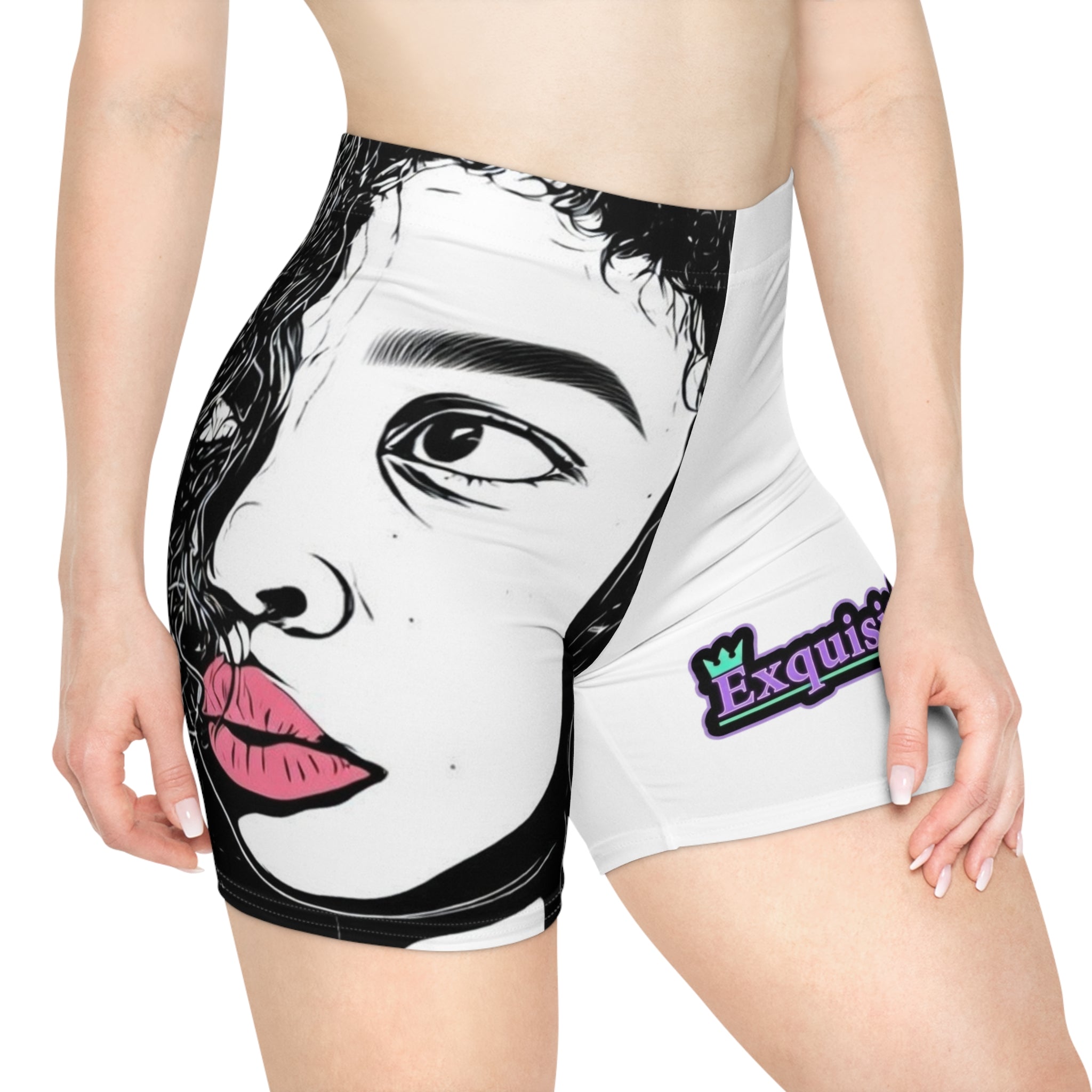 Exquisite 24 Pop Art Women’s Biker Shorts — Monochrome Face with Pink Lips