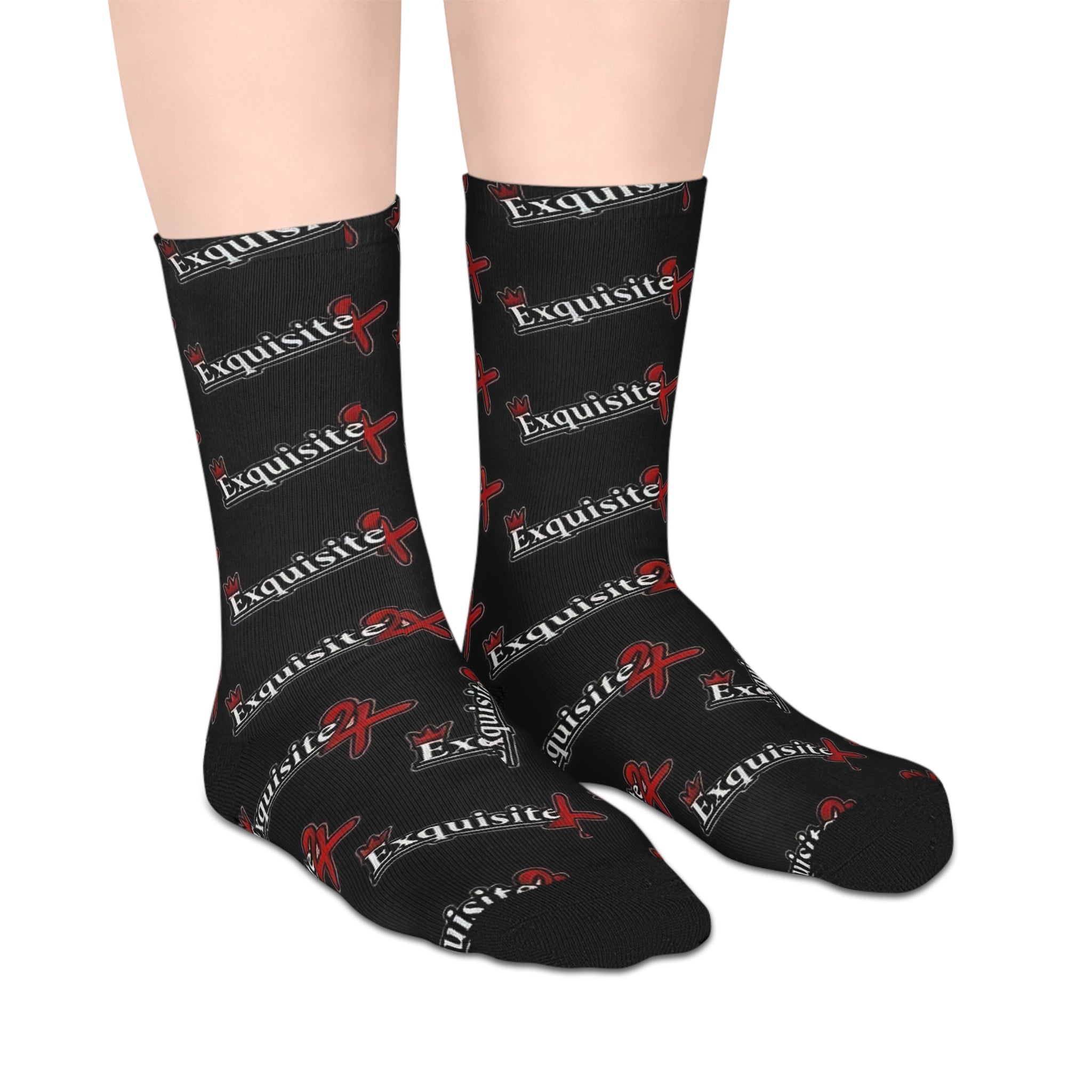 Exquisite 24 Black Logo Mid-Length Socks — Branded Streetwear Crew Socks