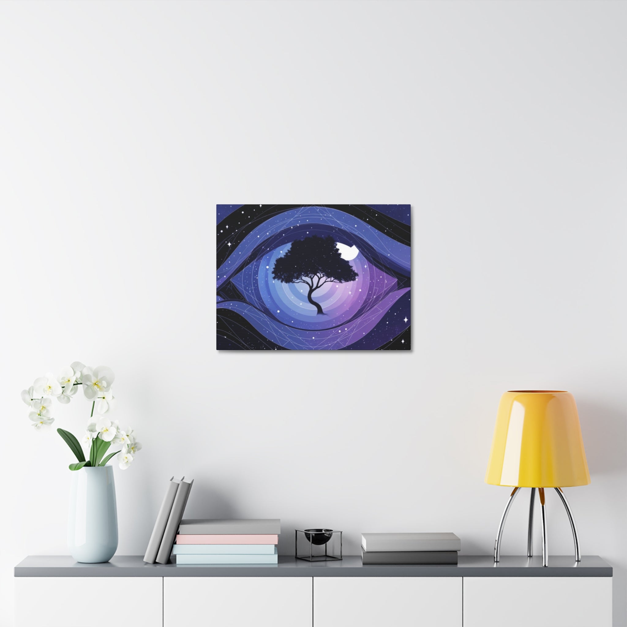 Night Tree Stretched Canvas Wall Art — Mystical Purple Galaxy Eye Design