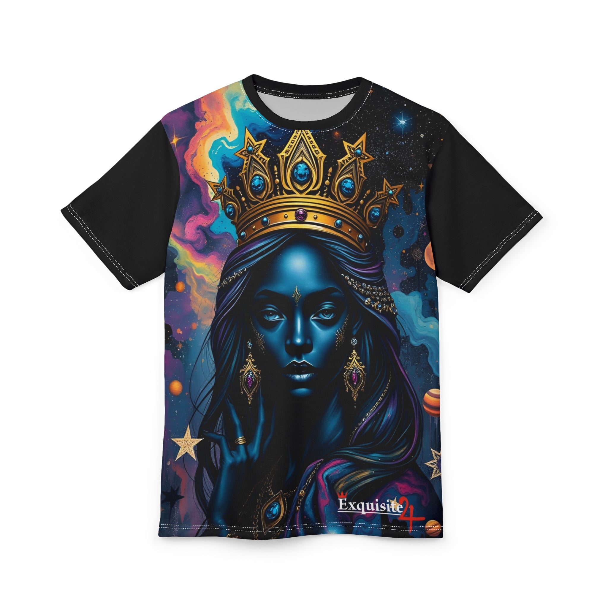 Regal Cosmic Queen Tee — Illustrated Crowned Goddess All-Over Print