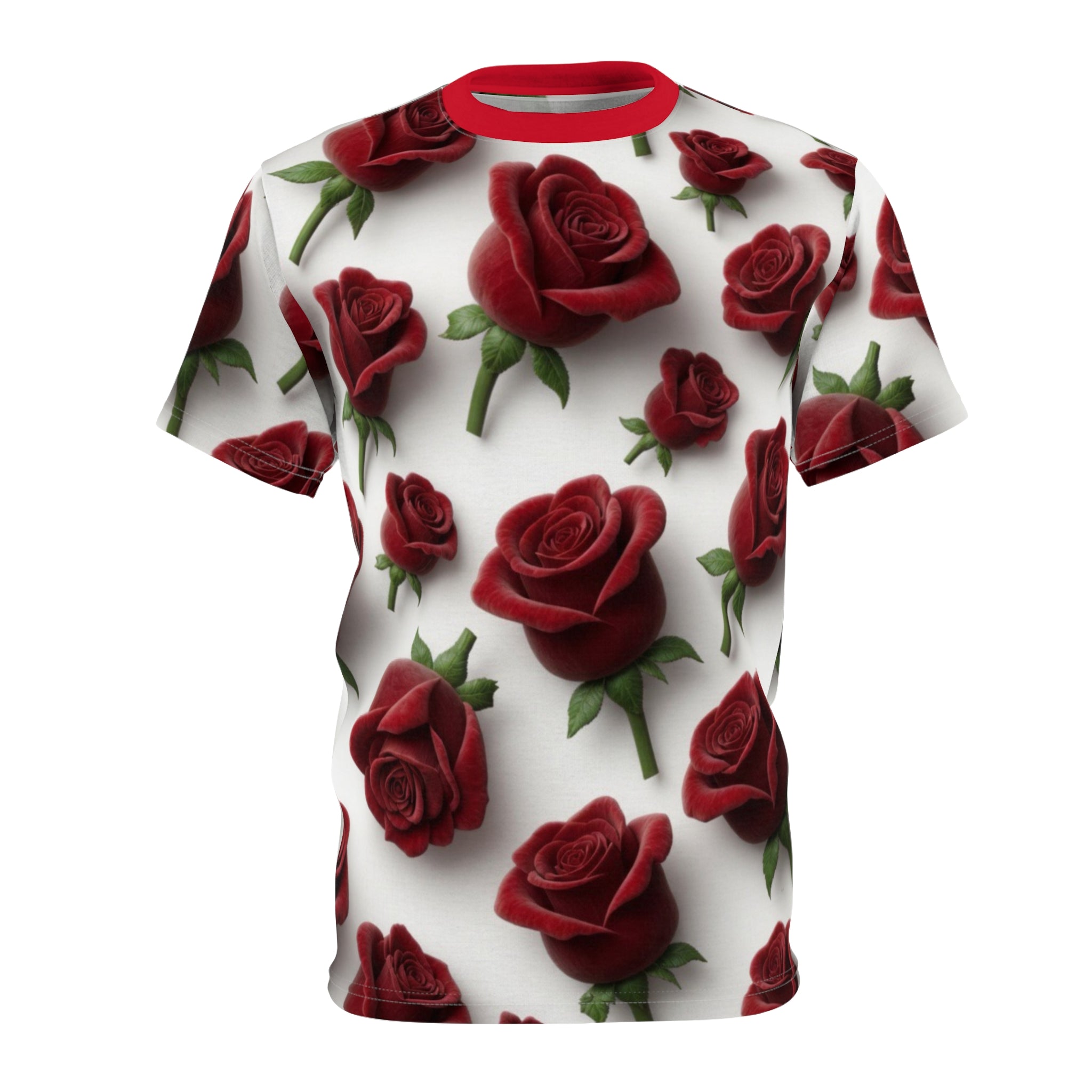 Red Rose All-Over Print Tee — Romantic Floral Pattern White T-Shirt