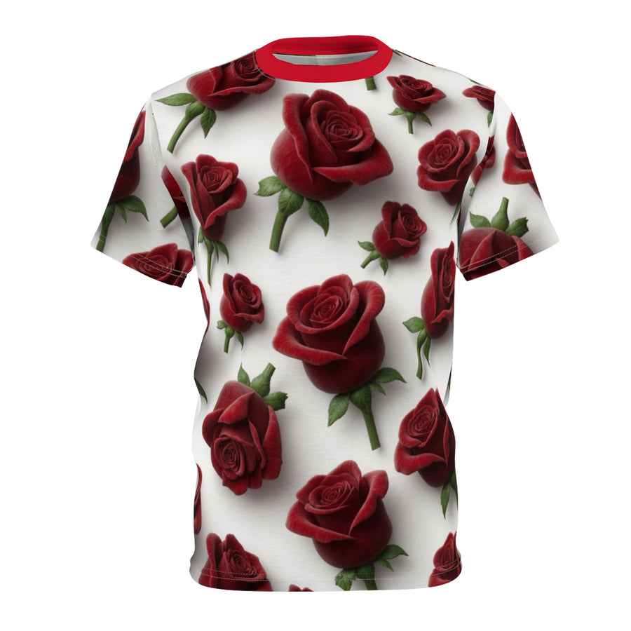 Red Rose All-Over Print Tee — Romantic Floral Pattern White T-Shirt