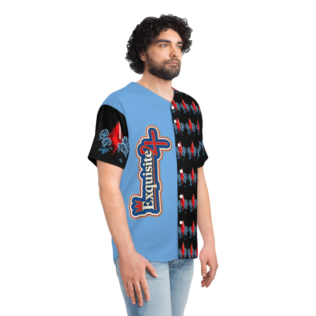 Split-Panel Baseball Jersey with Red Diamond & Blue Roses Pattern