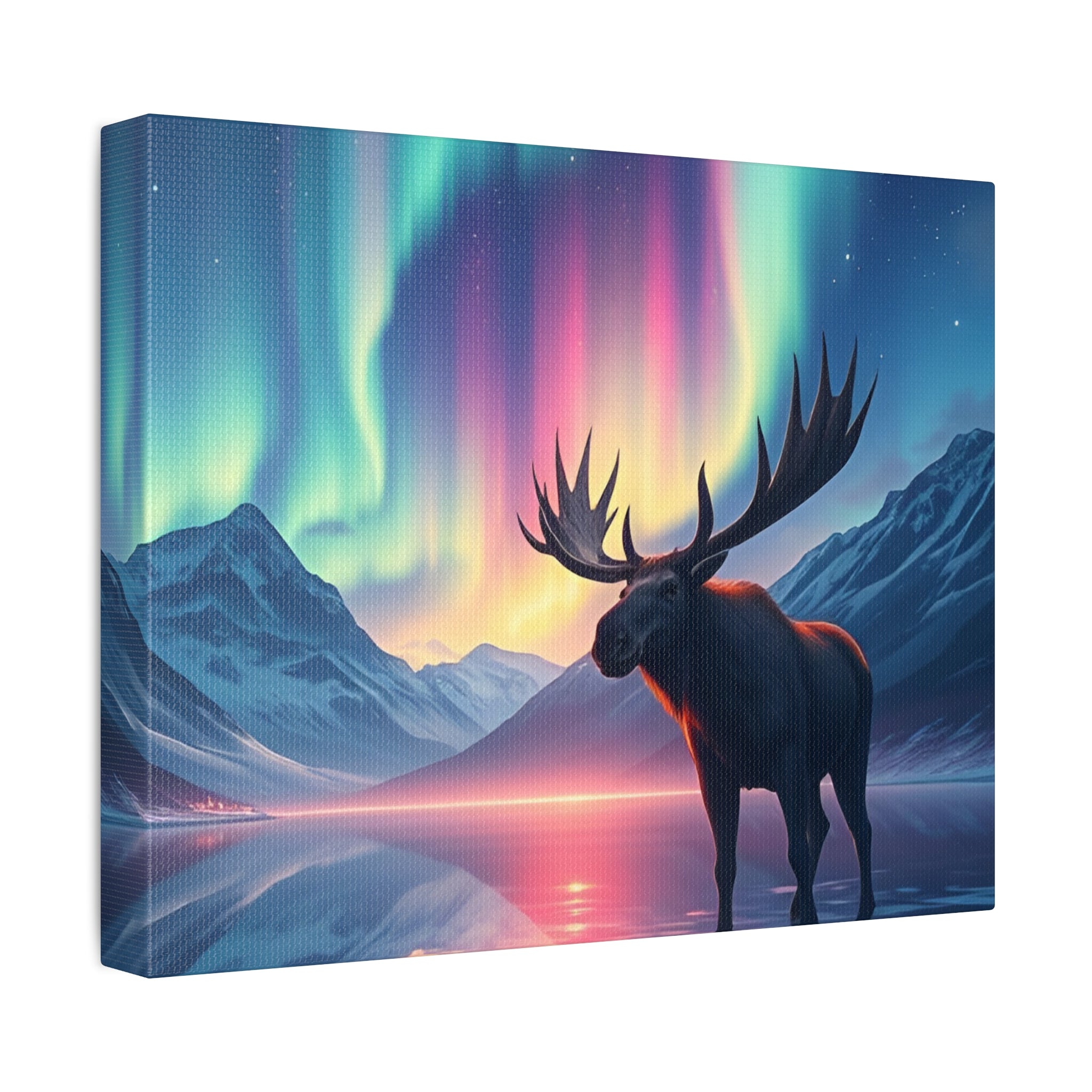 Aurora Moose Stretched Canvas – Northern Lights Landscape Wall Art