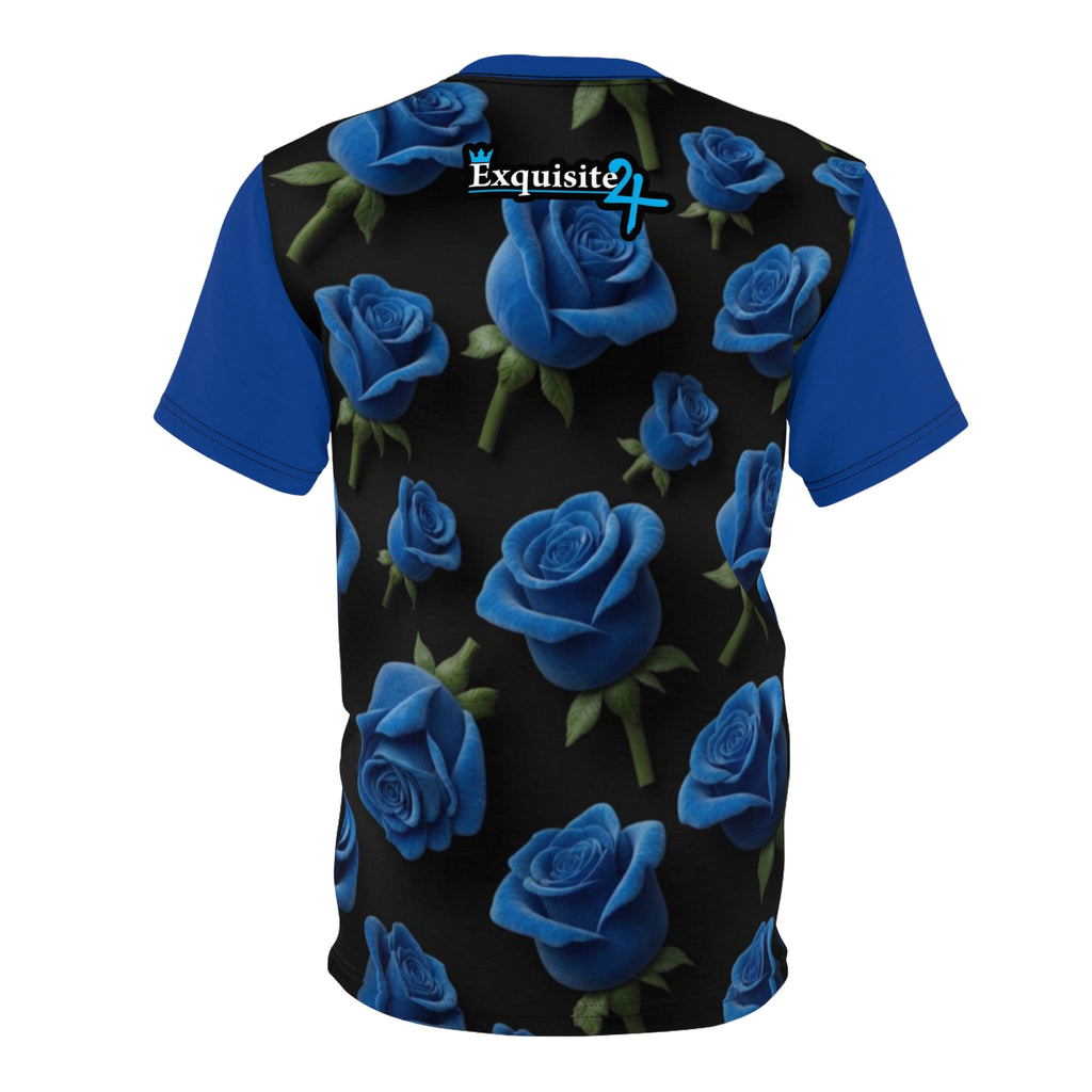 Blue Rose All-Over Print Tee — Floral Black Graphic Shirt