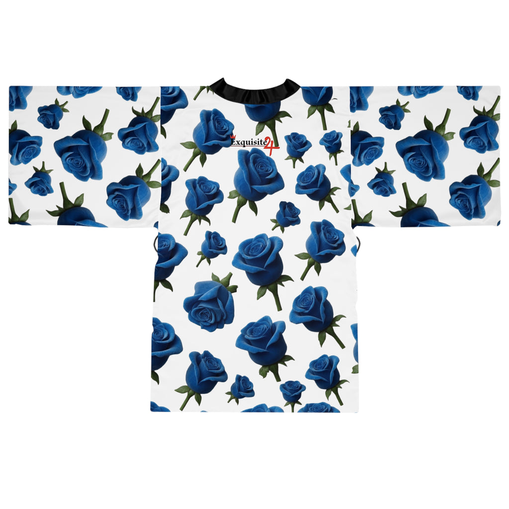Blue Rose Kimono Robe — Long Sleeve Floral Lounge Wrap