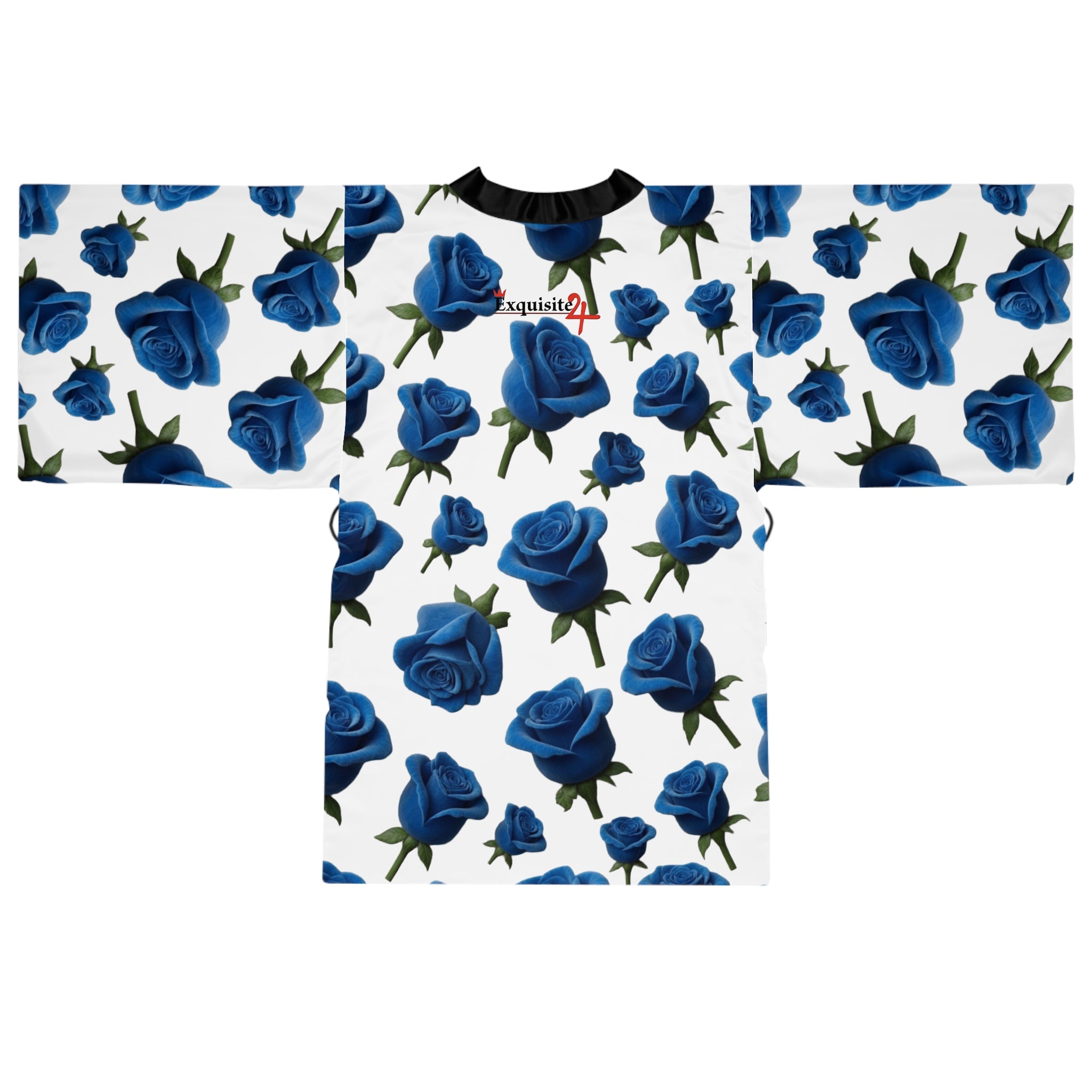 Blue Rose Kimono Robe — Long Sleeve Floral Lounge Wrap