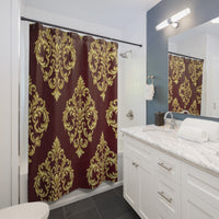 Baroque Damask Shower Curtain — Burgundy & Gold Elegant Bathroom Decor