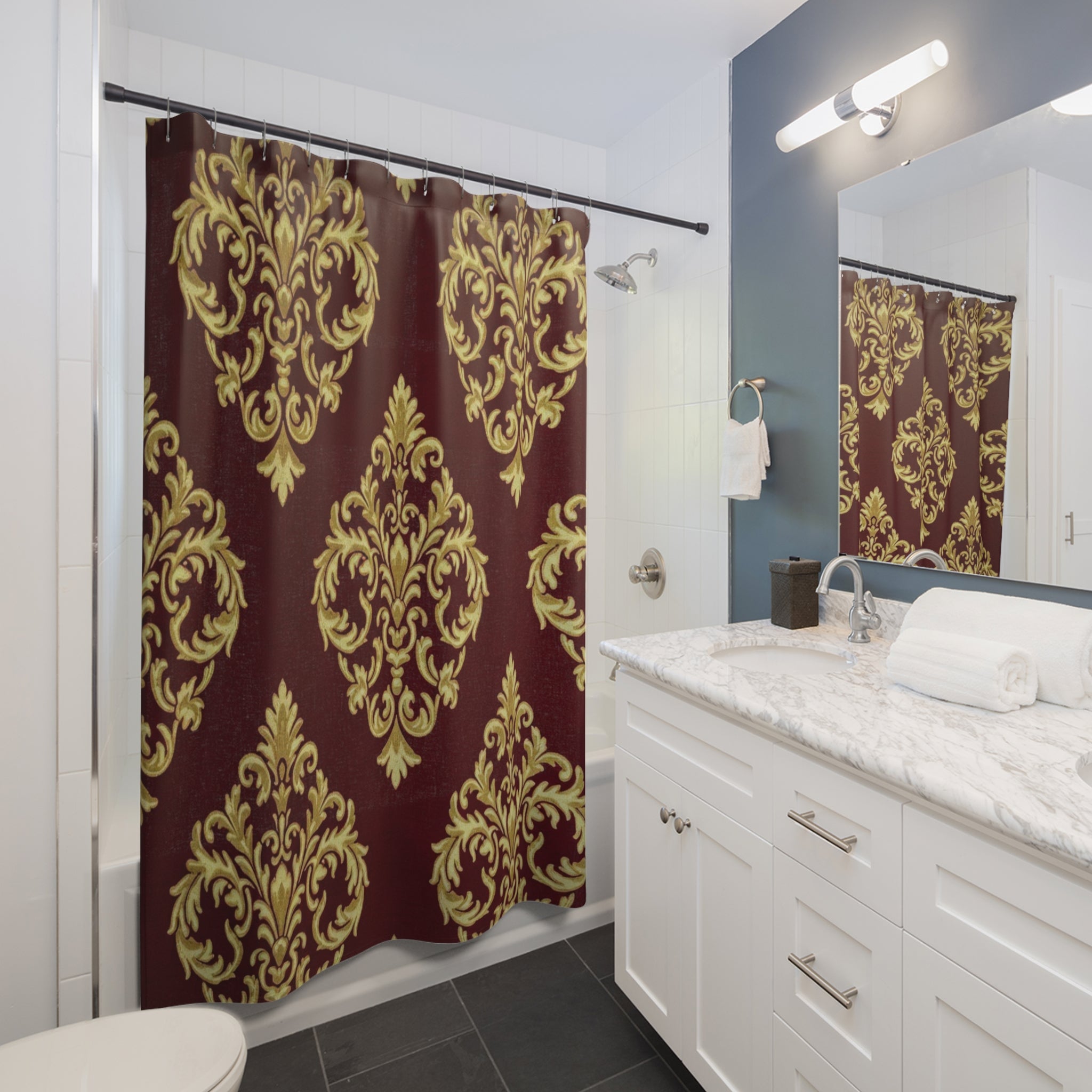Baroque Damask Shower Curtain — Burgundy & Gold Elegant Bathroom Decor