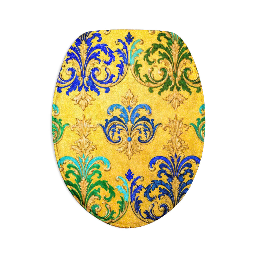 Baroque Fleur Toilet Seat & Rug Set – Yellow Blue Green 3-Piece Bathroom Decor