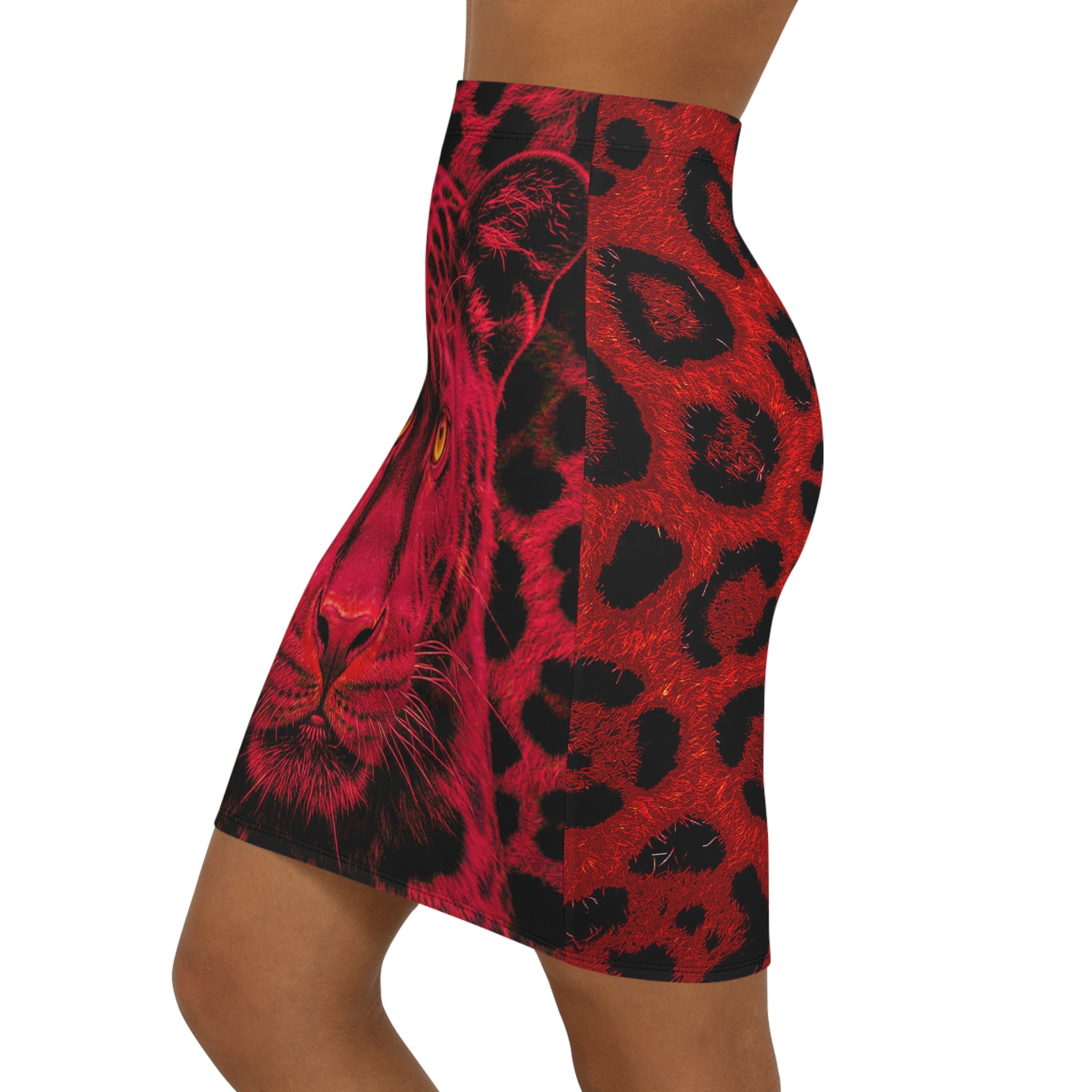 Red Leopard Print Pencil Skirt — Bold Leopard Face All-Over Print