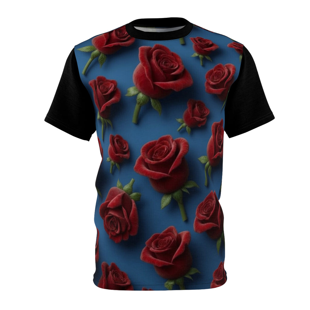 Red Rose Pattern Tee — All-Over Print Floral Blue T-Shirt
