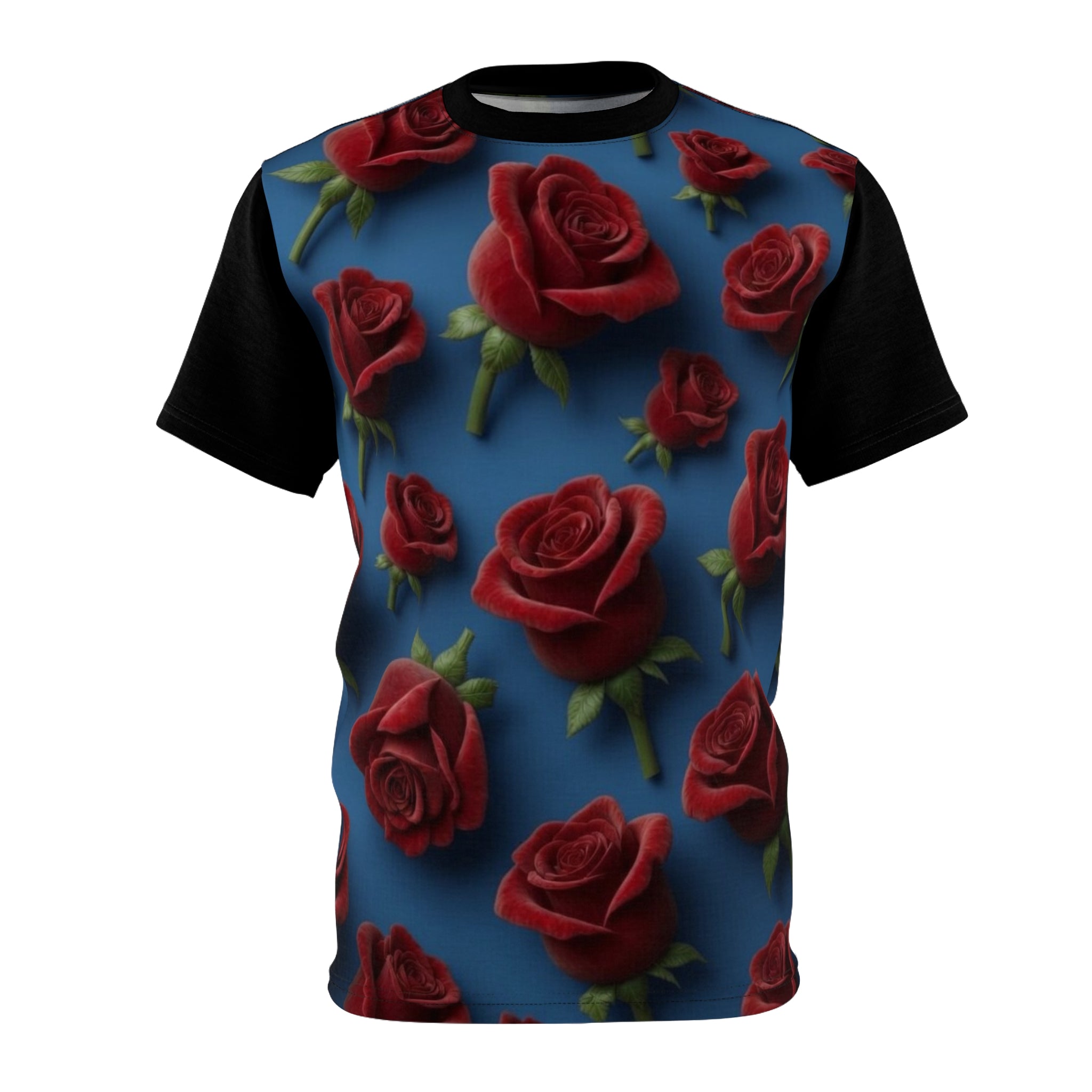 Red Rose Pattern Tee — All-Over Print Floral Blue T-Shirt
