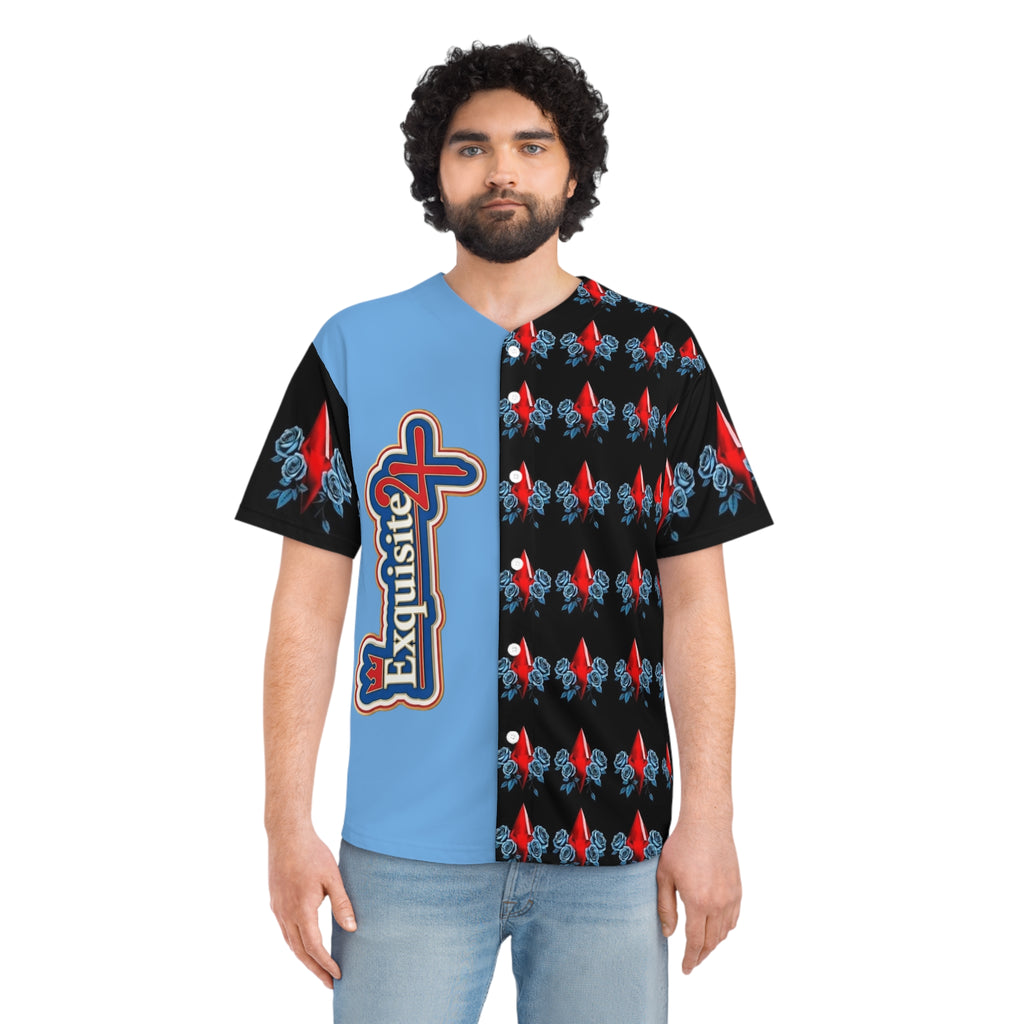 Split-Panel Baseball Jersey with Red Diamond & Blue Roses Pattern