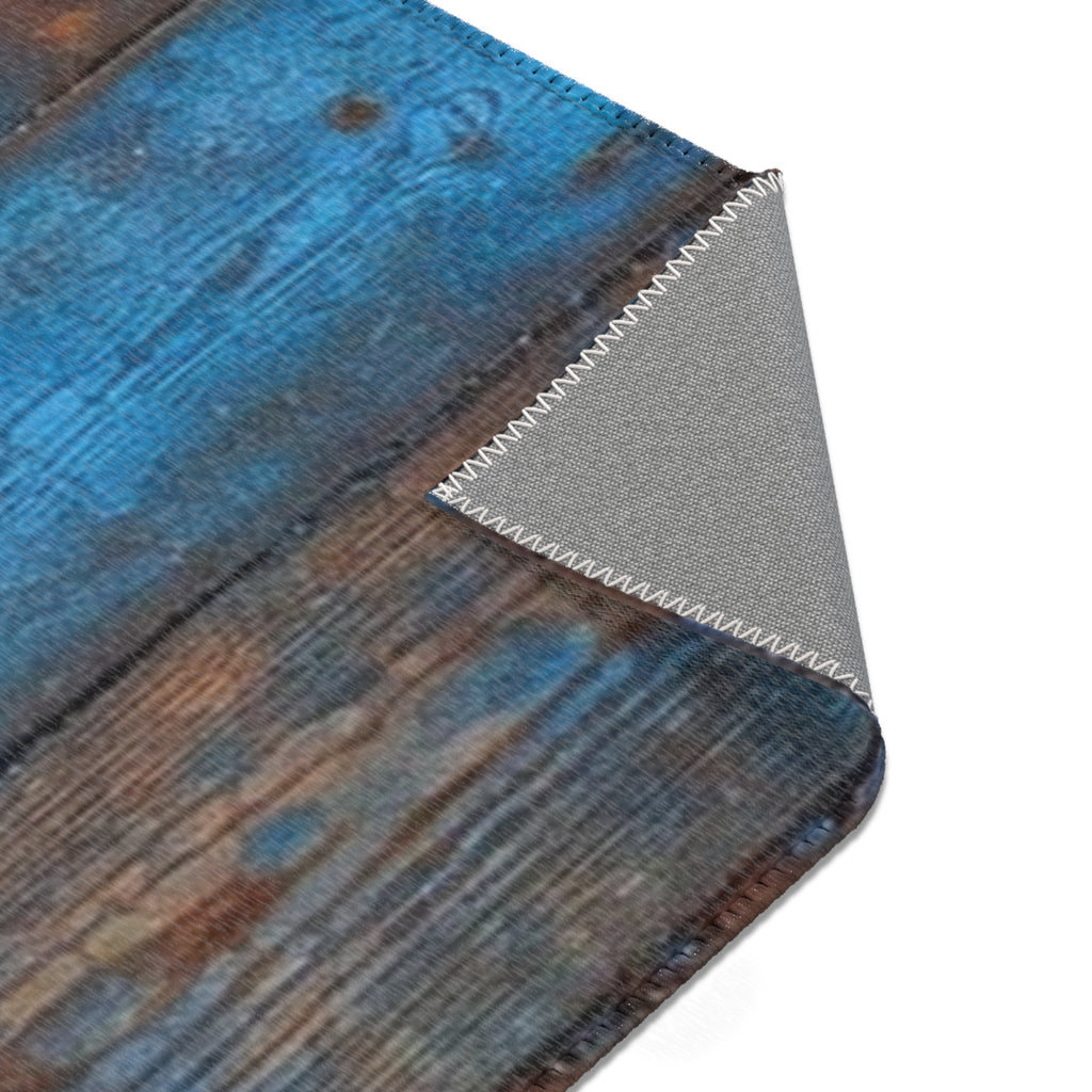 Rustic Blue Patina Wood Area Rug — Distressed Coastal Floor Decor