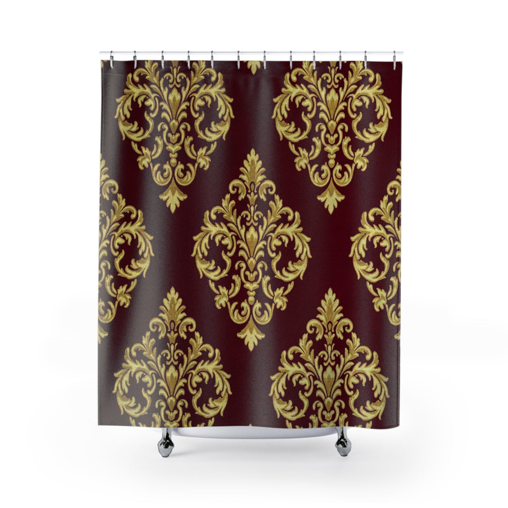 Baroque Damask Shower Curtain — Burgundy & Gold Elegant Bathroom Decor