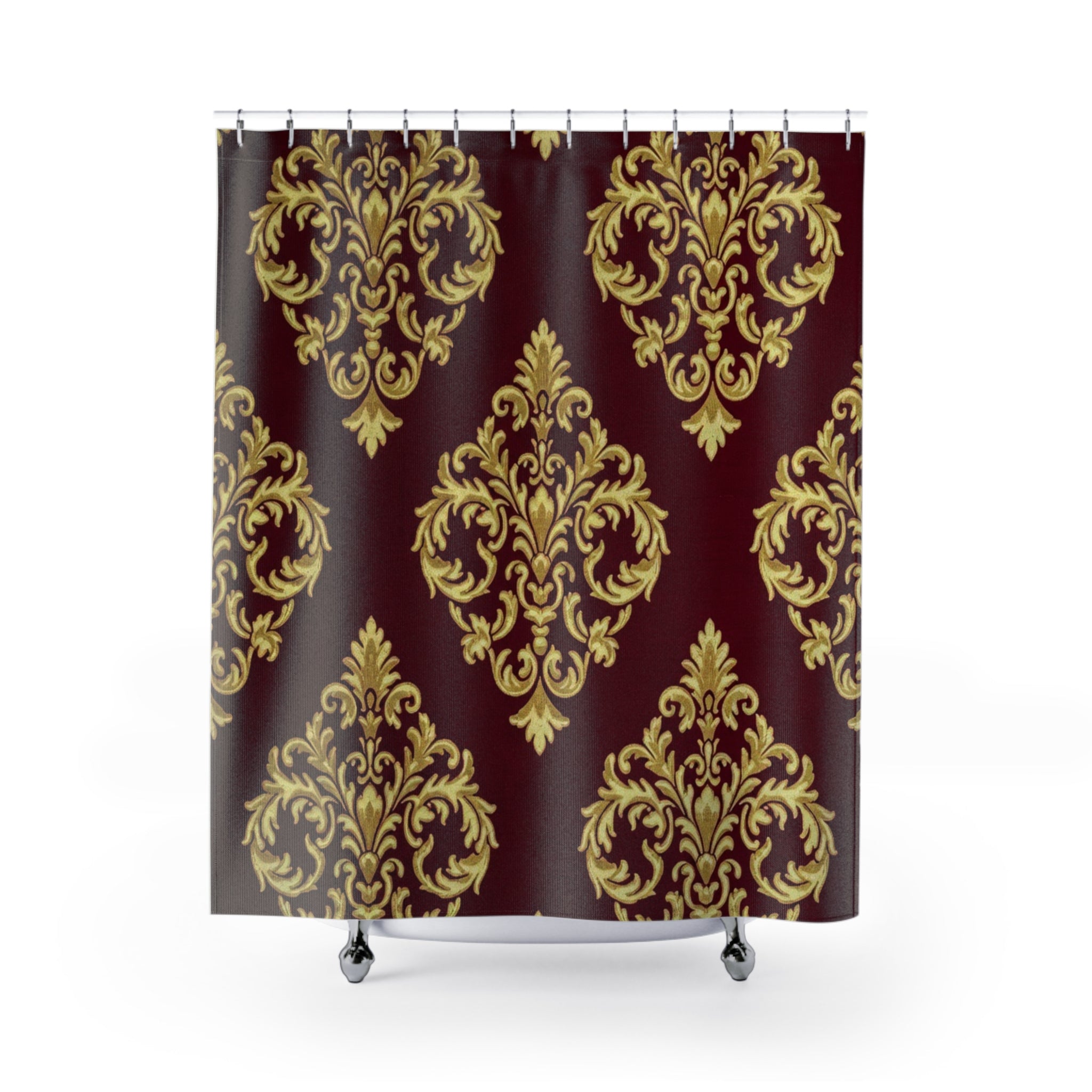 Baroque Damask Shower Curtain — Burgundy & Gold Elegant Bathroom Decor