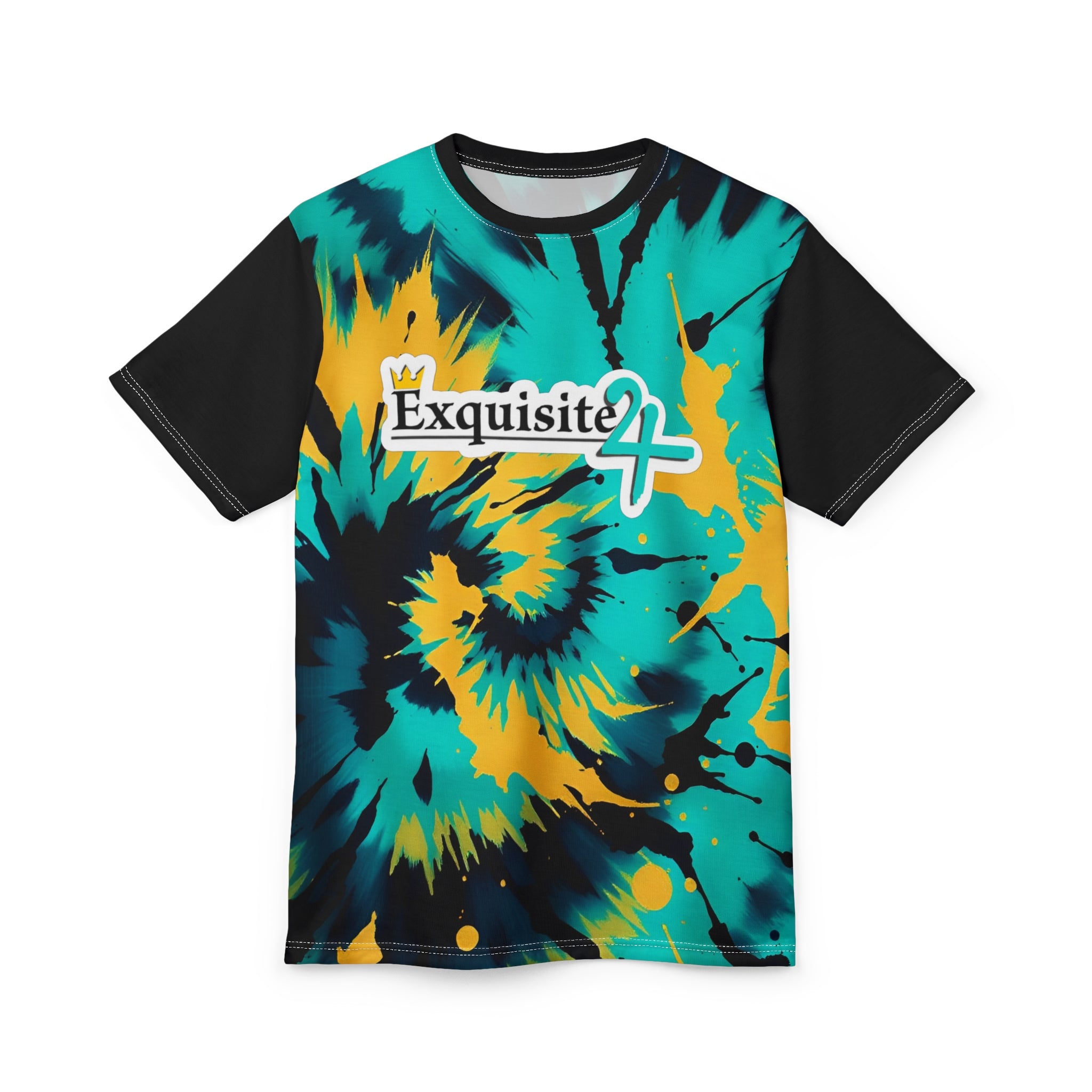 Tie-Dye Exquisite 24 Graphic Tee — Vibrant Teal & Yellow Spiral All-Over Print