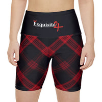 Red Black Plaid Women's Workout Shorts with Logo Waistband