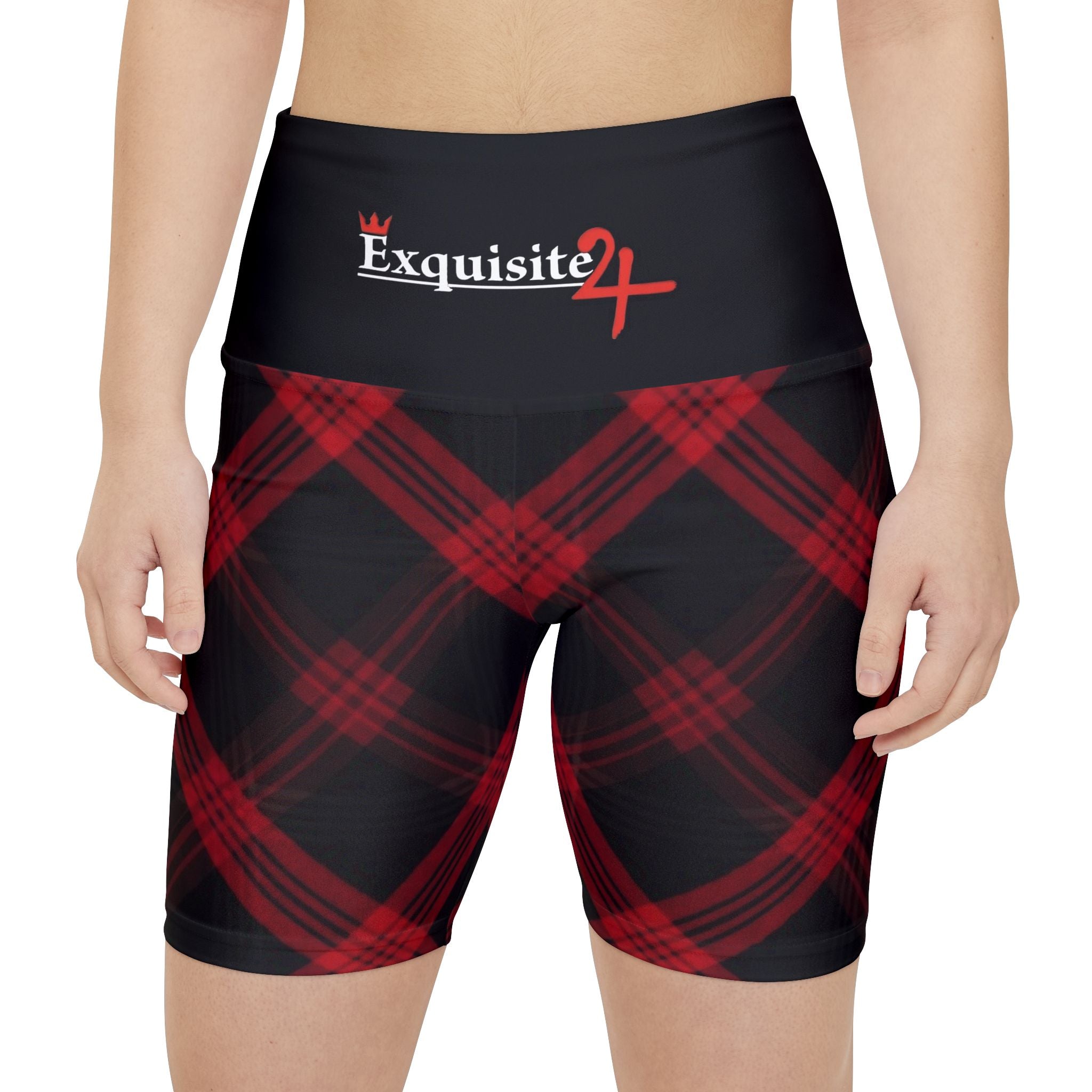 Red Black Plaid Women's Workout Shorts with Logo Waistband