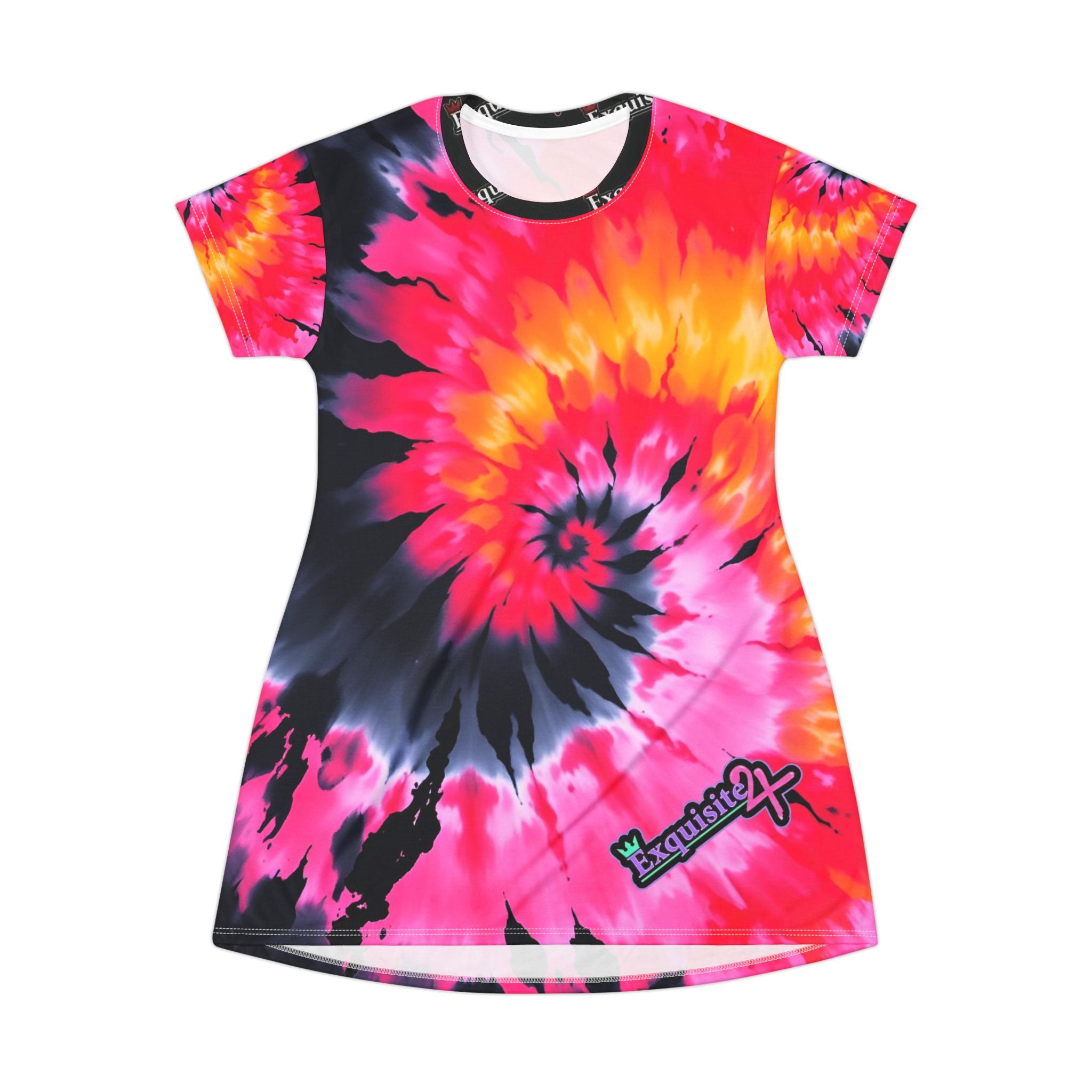 Tie-Dye Spiral T-Shirt Dress – Vibrant Pink, Orange & Black