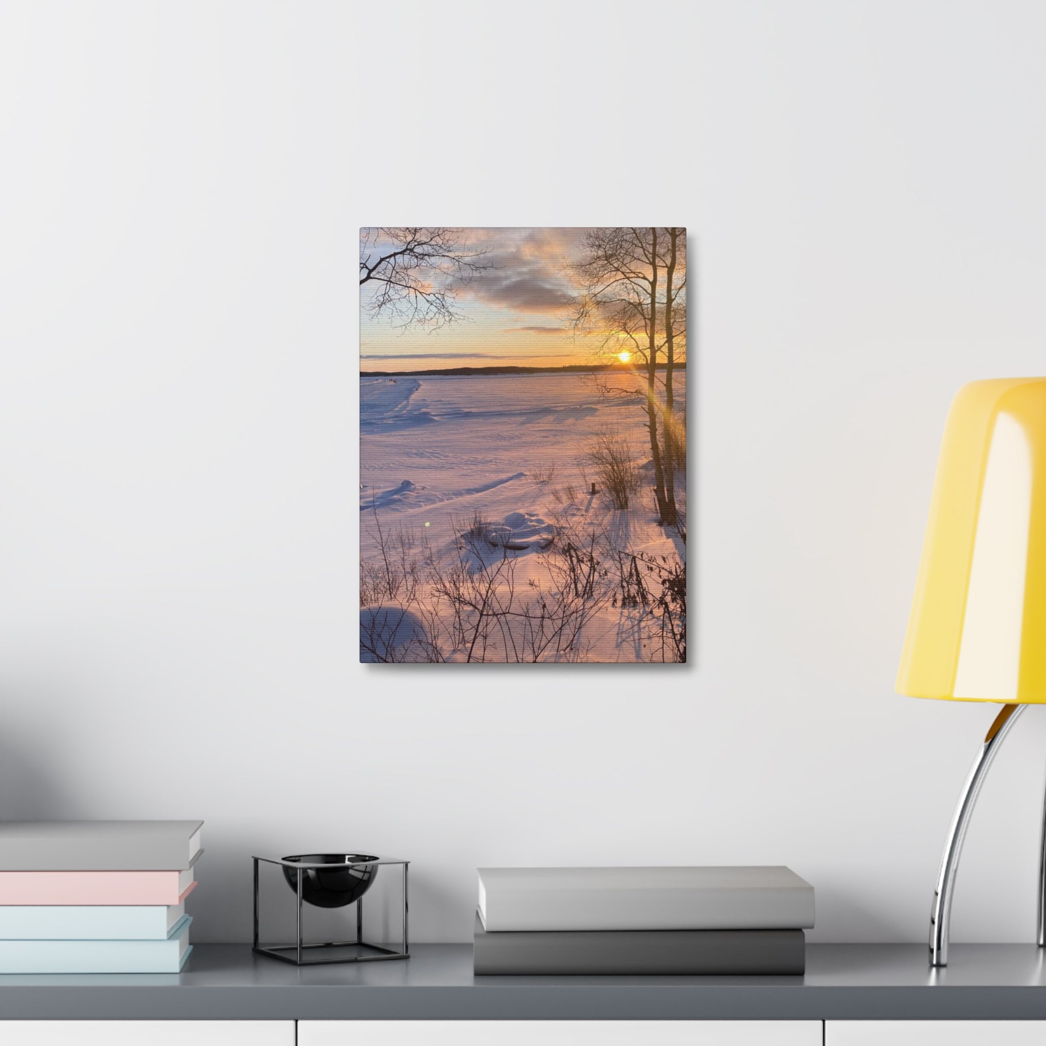 Sunset over Frozen Lake Stretched Canvas Wall Art