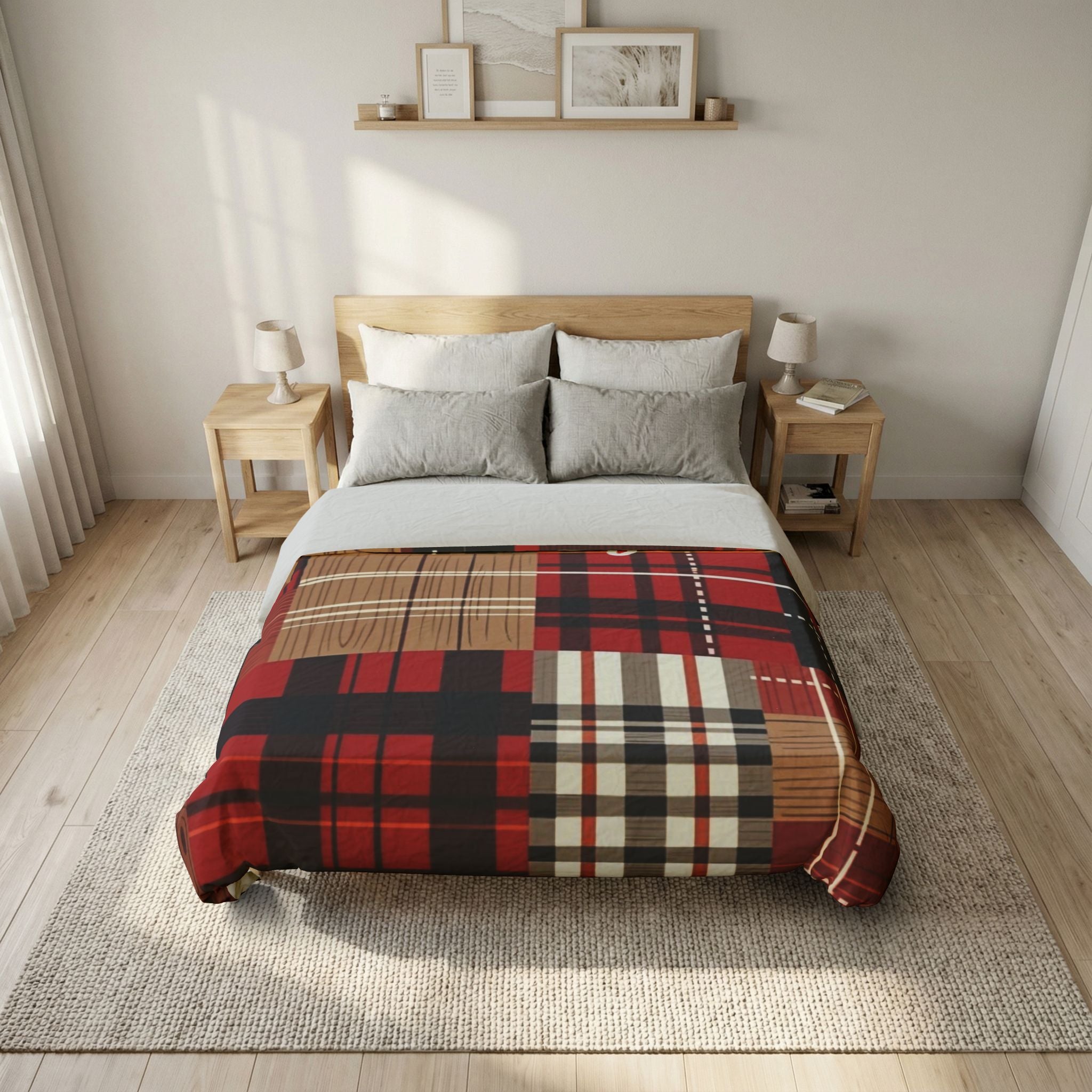 Plaid Patchwork Cotton Duvet Cover — Red Check Rustic Cabin Bedding