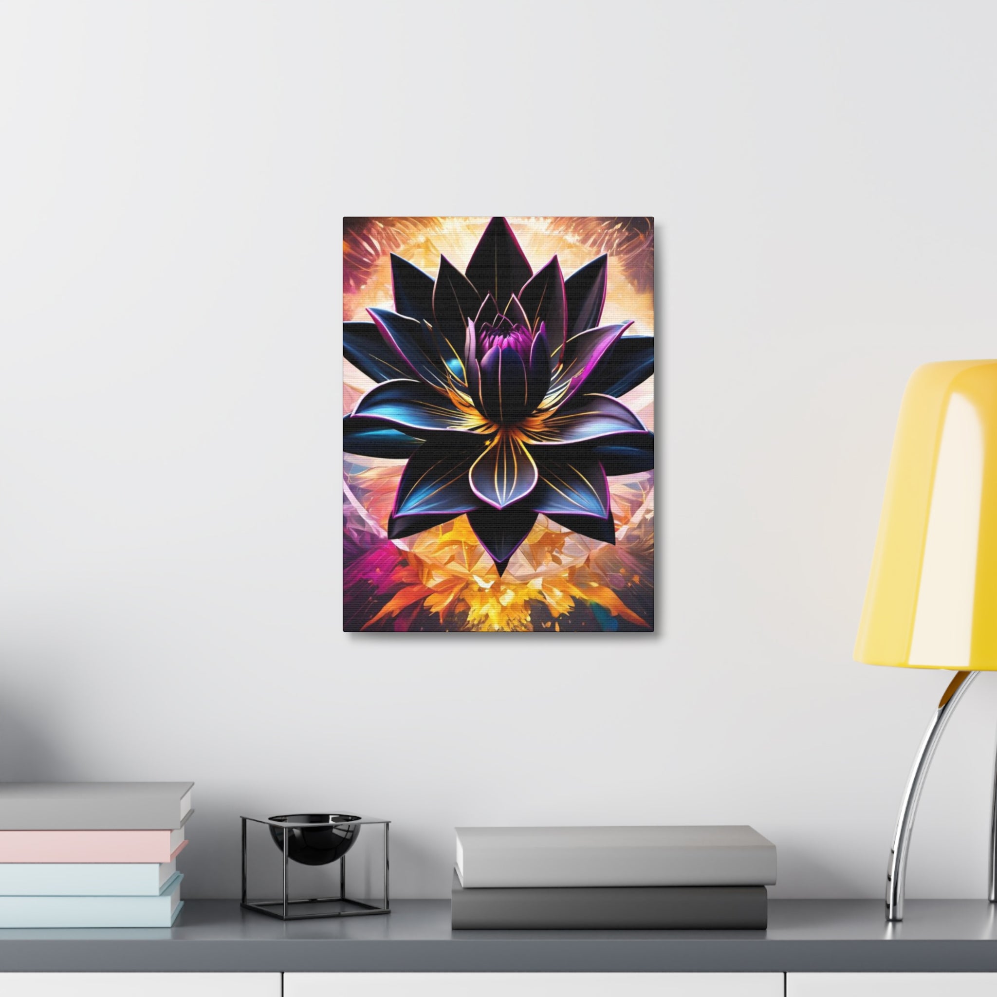 Black Lotus Bloom Canvas Wall Art - Vibrant Black & Gold Floral Stretched Canvas