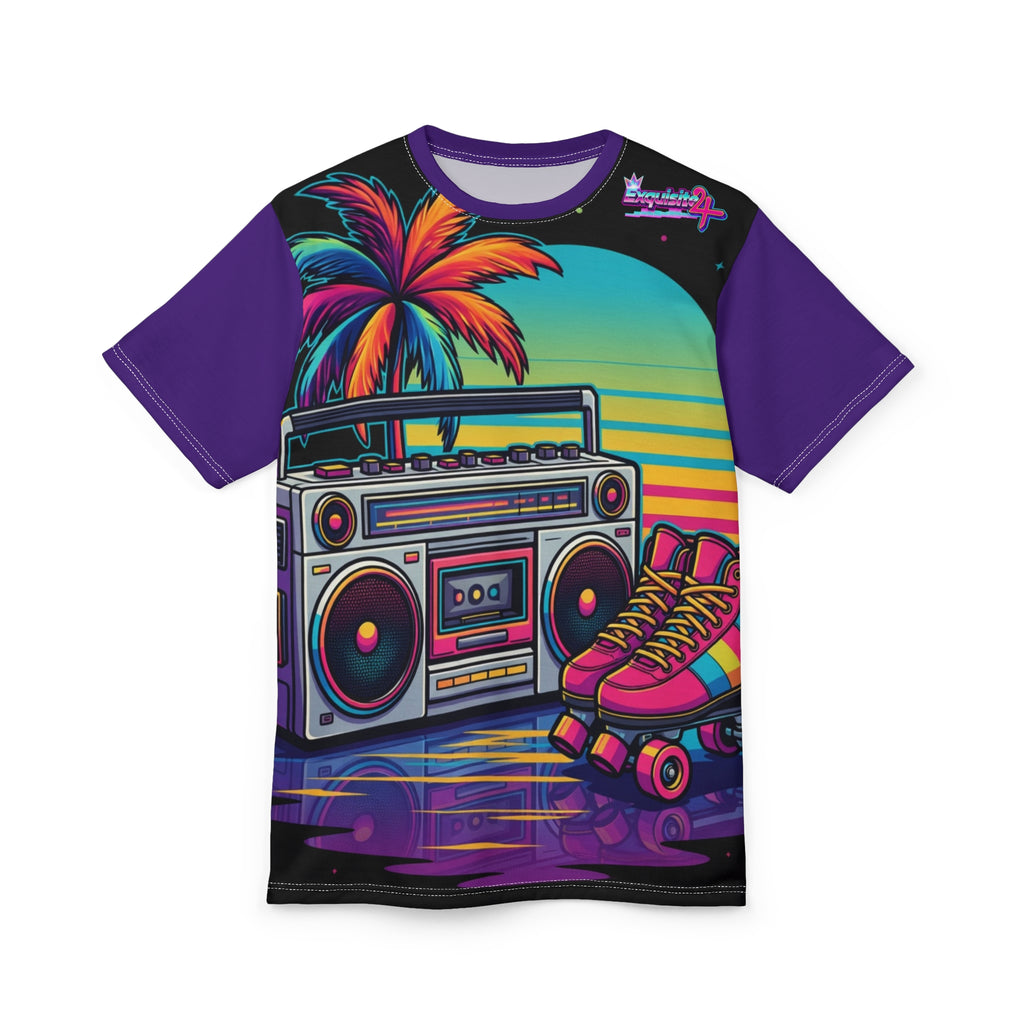 Retro Boombox & Roller Skates Tee — Neon Vaporwave All-Over Print