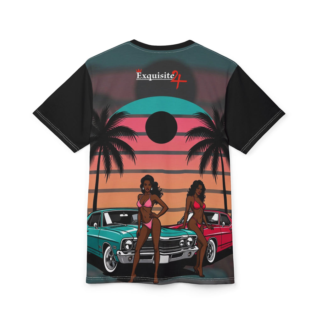 Retro Beach Pinup Tee — Vintage Cars, Palm Trees & Sunset Vibes