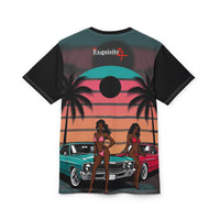 Retro Beach Pinup Tee — Vintage Cars, Palm Trees & Sunset Vibes